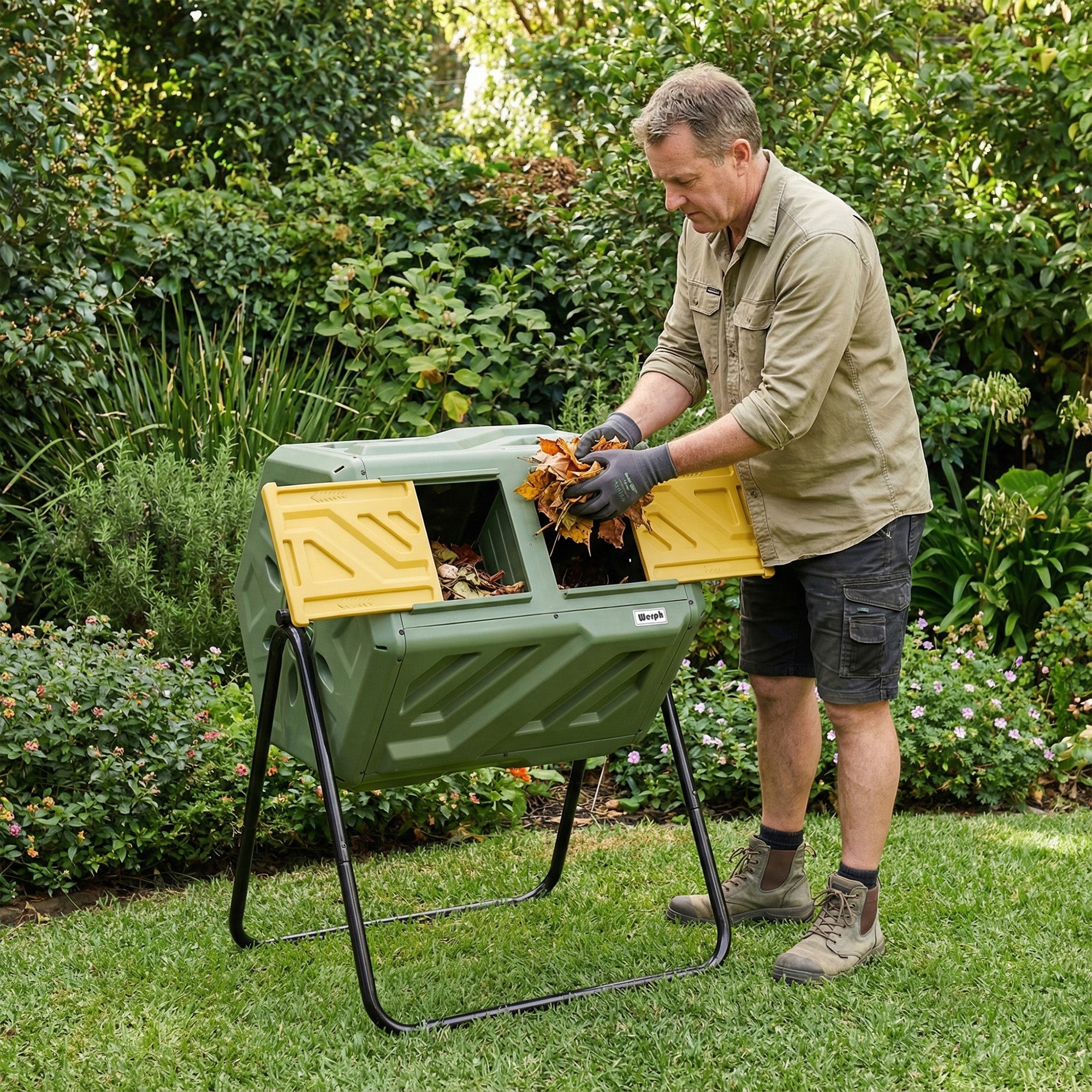 WERPH 43-Gallon Dual-Chamber Compost Bin with Gloves for Garden